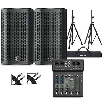 Harbinger VARI 2410 10" Powered Speakers Package With LX8 Mixer, Stand (HB-VARI 2410 PKG)
